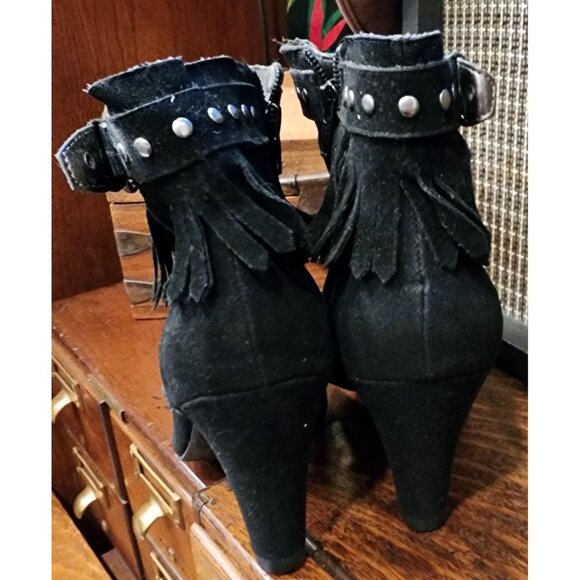 Madeline Women's Black Suede Fringe Ankle Boots With Studded Buckle & 3" Heels - Picture 15 of 16